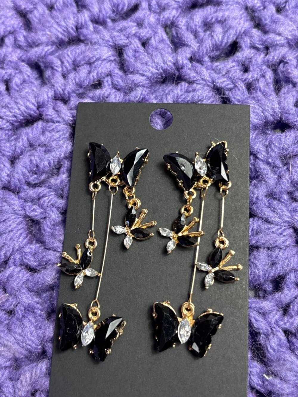 Black and Clear Rhinestone Butterfly Dangle Earrings Goldtone 2.25 inches